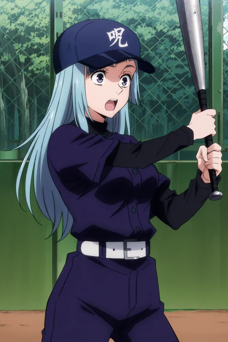 anime screencap, anime coloring, detailed face, masterpiece, best quality, very aesthetic, absurdres, volumetric lighting, official style, amazing quality, ultra detailed, highres, amazing quality, scenery, beautiful detailed hair, beautiful detailed eyes, defined fingers, five fingers,
<lora:StS-Illustrious-Detail-Slider-v1.0:4>
outdoors, at a baseball field,
<lora:Kasumi_Miwa_Jujutsu_Kaisen:1>
Kasumi Miwa (character), 1girl, hat, solo, long hair, baseball cap, blue hair, open mouth, belt, white belt, blue headwear, purple eyes, breasts, jacket, cowboy shot, girl holding a baseball bat, swinging a baseball bat,