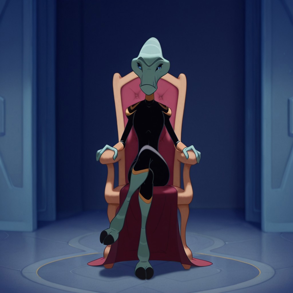masterpiece, best quality, amazing quality, GrandCWil, anthro, female, alien, blue-green skin, blue eyes, black sclera, hooved feet, black bodysuit, gold trim, red cloak, sitting, in chair, inside, crossed legs, solo,