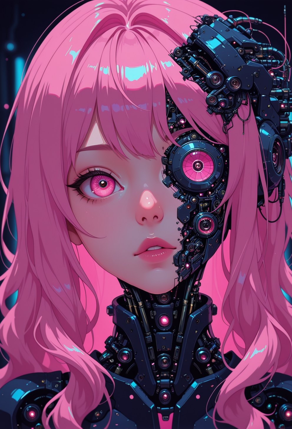 <lora:ck-nc-cyberpunk-IL-000011:1>,  masterpiece, best quality, good quality, very aesthetic, absurdres, newest, 8K, depth of field, focused subject, 1girl, stunning close-up portrait, long hair, wavy hair cascading around her face. Subtle mechanical features are integrated into her face and neck, blending seamlessly with her natural beauty. The artwork is rendered in a chiaroscuro style, with extreme contrast between light and shadow, creating a dramatic, moody effect. The background is completely black, with neon pink light illuminating select areas of her face, hair, and mechanical elements, adding a futuristic glow. The contrast of neon pink and black enhances the surreal atmosphere, blending organic beauty with mechanical details for a striking cybernetic aesthetic, in the style of cknc
<lora:MoriiMee_Gothic_Niji_Style_Illustrious_r1:0.3>