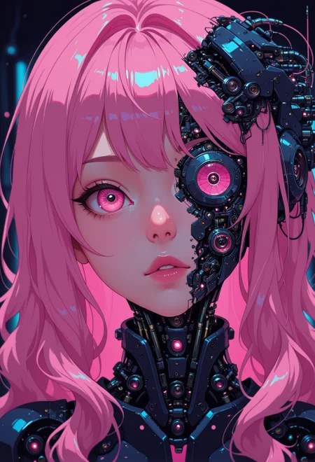 <lora:ck-nc-cyberpunk-IL-000011:1>, masterpiece, best quality, good quality, very aesthetic, absurdres, newest, 8K, depth of field, focused subject, 1girl, stunning close-up portrait, long hair, wavy hair cascading around her face. Subtle mechanical features are integrated into her face and neck, blending seamlessly with her natural beauty. The artwork is rendered in a chiaroscuro style, with extreme contrast between light and shadow, creating a dramatic, moody effect. The background is completely black, with neon pink light illuminating select areas of her face, hair, and mechanical elements, adding a futuristic glow. The contrast of neon pink and black enhances the surreal atmosphere, blending organic beauty with mechanical details for a striking cybernetic aesthetic, in the style of cknc
<lora:MoriiMee_Gothic_Niji_Style_Illustrious_r1:0.3>