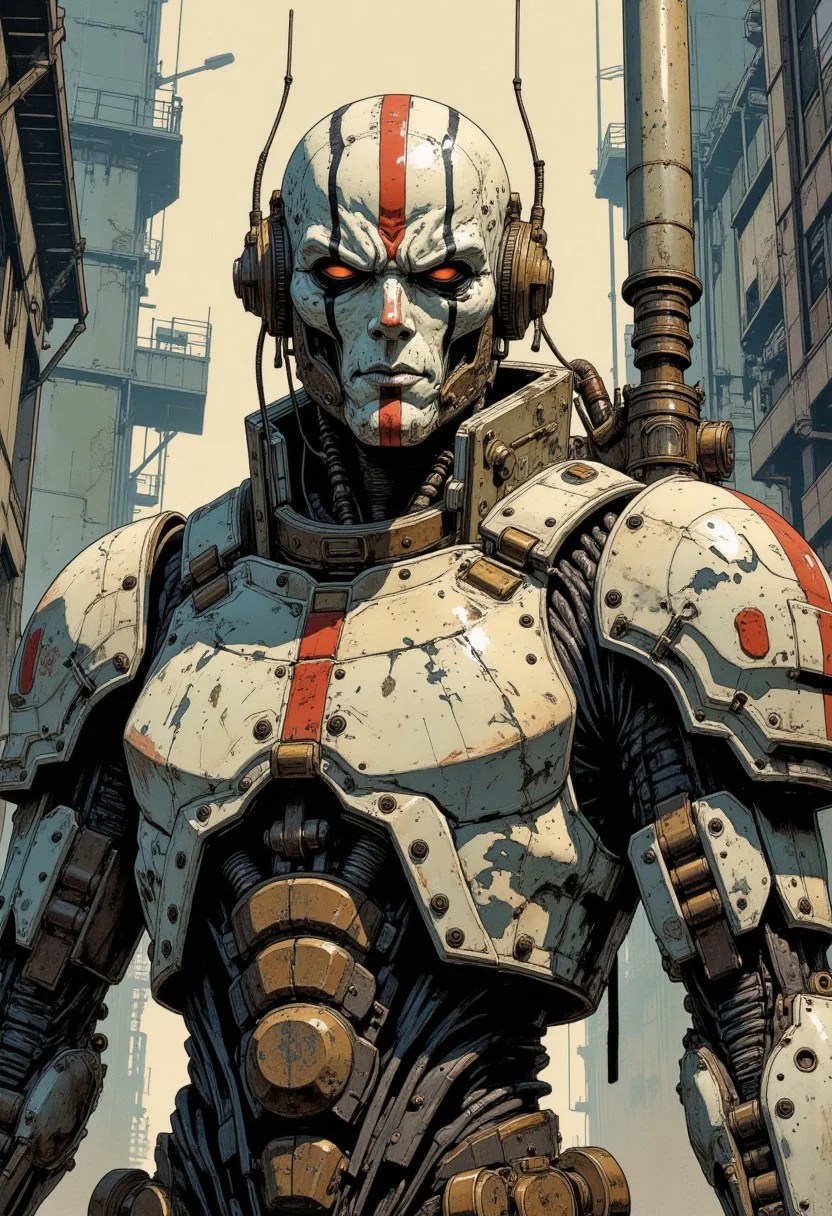 dynamic viewpoint, dynamic angle, reinforced exoskeleton that envelops the body like a futuristic astronaut suit. face covered by a white mask with visible hand-painted brush strokes, with thick black lines streaking across it and a single red line in the middle splitting the mask in half. mask covers the entire face, with sharp angular lines around the eyes and mouth, the hand painted strokes of paint adding a haunting quality. armor is enormous, with bulky shoulder plates and chest armor, reinforced with brass piping and intricate gears that power the internal steam mechanisms. rib area is protected by massive plates with hand painted black lines resembling the structure of a ribcage. reinforced tubes run across his back and arms, connecting to a steam generator at his back, which periodically releases jets of steam. gauntlets are oversized, with polished gears embedded in the wrists. marker lines and drawings on his armour give it a appearance of heavy lore and history. armor is painted with faded black lines to match the hand-painted mask, and the overall appearance is one of immense bulk and strength, designed to intimidate and overpower. ((cyberpunk industrial complex background))