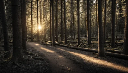 amazing photograph of gorgeous view, award winning, breathtaking, photo of the year, 4k, hyperrealistic, dramatic lighting <lora:Earth35_000010:0.4> <lora:Landscape_Unleashed:0.8>
The image is a black and white photograph of a forest trail during sunset. Several trees line the path, casting shadows over the ground. The scene appears to be quite serene as the sun sets behind them, creating an atmosphere of peacefulness. The trail itself has some leaves scattered on it, adding texture and depth to the image. The overall effect is a nostalgic representation of a quiet, picturesque forest at dusk.