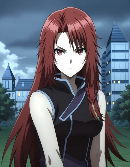<lora:Iris:1>Iris_eminence, 1girl, anime coloring, looking at viewer, outdoors, braid, cloudy sky, building, parody, breasts, sleeveless, upper body