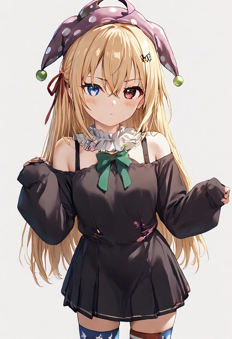zPDXL3, score_9, score_8_up, score_7_up, source_anime, 1girl, very long hair,long hair,brown hair,two side up,hair bow,red bow,hairclip,heart hair ornament,hair between eyes,bangs,blue eyes, green bow on neck, black dress, short dress, (bare shoulder:1.4), white frilled trim, puffy long sleeves,sleeves past wrists, black socks, black loafers, standing, looking at viewer top down close-up, clownpiece, jester cap, neck ruff, blonde hair, long hair, american flag legwear, american flag dress, red eyes, short sleeves