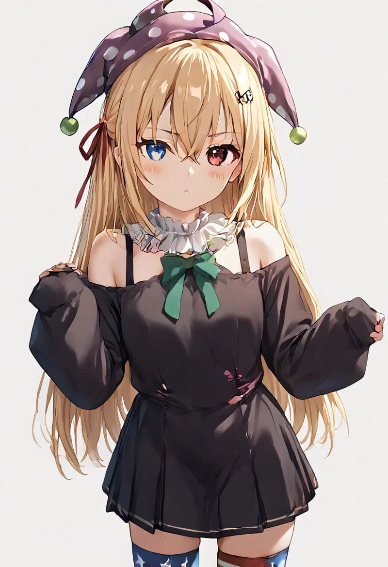 zPDXL3, score_9, score_8_up, score_7_up, source_anime, 1girl, very long hair,long hair,brown hair,two side up,hair bow,red bow,hairclip,heart hair ornament,hair between eyes,bangs,blue eyes, green bow on neck, black dress, short dress, (bare shoulder:1.4), white frilled trim, puffy long sleeves,sleeves past wrists, black socks, black loafers, standing, looking at viewer top down close-up, clownpiece, jester cap, neck ruff, blonde hair, long hair, american flag legwear, american flag dress, red eyes, short sleeves