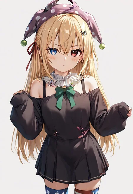 zPDXL3, score_9, score_8_up, score_7_up, source_anime, 1girl, very long hair,long hair,brown hair,two side up,hair bow,red bow,hairclip,heart hair ornament,hair between eyes,bangs,blue eyes, green bow on neck, black dress, short dress, (bare shoulder:1.4), white frilled trim, puffy long sleeves,sleeves past wrists, black socks, black loafers, standing, looking at viewer top down close-up, clownpiece, jester cap, neck ruff, blonde hair, long hair, american flag legwear, american flag dress, red eyes, short sleeves