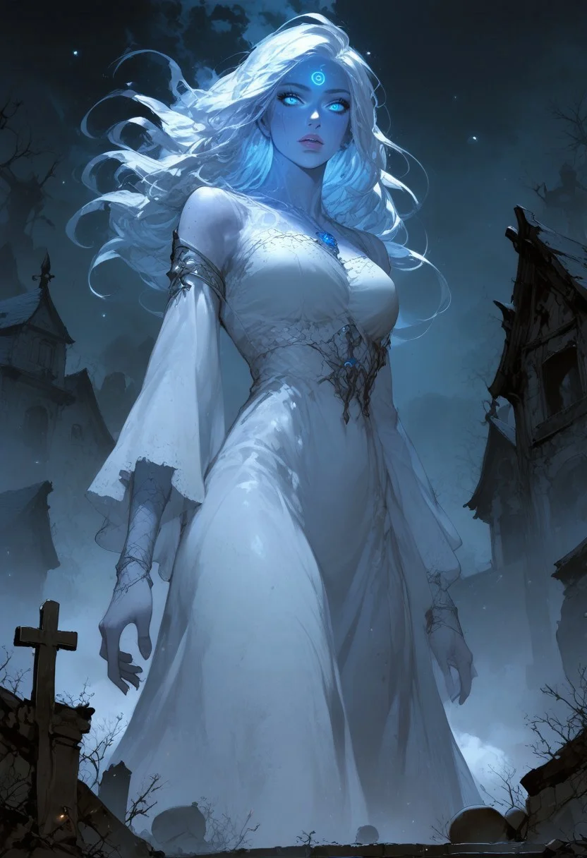 BREAK score_9, score_8_up, score_7_up, night, graveyard, ominous, horror, fog, mysterious, ghost woman, floating, beautiful long white dress, pale skin, long hair, blue eyes, glowing eyes, low angle, cold expression
(masterpiece, best quality, ultra detailed, intricate details:1.2), dynamic lighting