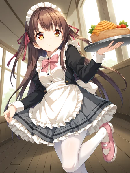 <lora:ESCUDE_-_Haison_Shoujo:1>,escude,yakumo,pink footwear,skirt,pleated skirt,shirt,white socks,grey skirt,socks,white shirt,long hair,shoes,smile,bow,open clothes,maid,bangs,pantyhose,bowtie,hair ribbon,brown hair,amber eyes,indoors,apron,frills,frilled dress,tray, food,, score_9, score_8_up, score_7_up,source_anime,(masterpiece),(best quality),(ultra-detailed),(best illustration),(best shadow),(absurdres),(detailed background),(very aesthetic),source_anime