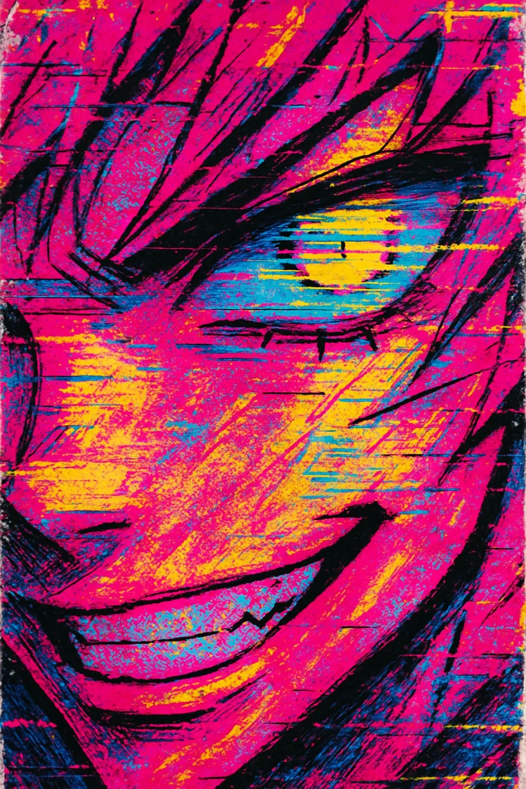 Tight, oversaturated anime close-up where the frame slashes across only half a smirking mouth and a glitching neon eye, color palette bleeding with hot pink, chrome yellow, and cobalt-graffiti textures and scanlines scarring the frame, ink halftone dots and hand-drawn speed lines clashing with pixelated overlays, torn cel edges showing behind clean lines, loud, rebellious, manga meets VHS-punk chaos aesthetic, feels like a ripped page that’s alive