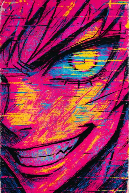 Tight, oversaturated anime close-up where the frame slashes across only half a smirking mouth and a glitching neon eye, color palette bleeding with hot pink, chrome yellow, and cobalt-graffiti textures and scanlines scarring the frame, ink halftone dots and hand-drawn speed lines clashing with pixelated overlays, torn cel edges showing behind clean lines, loud, rebellious, manga meets VHS-punk chaos aesthetic, feels like a ripped page that’s alive