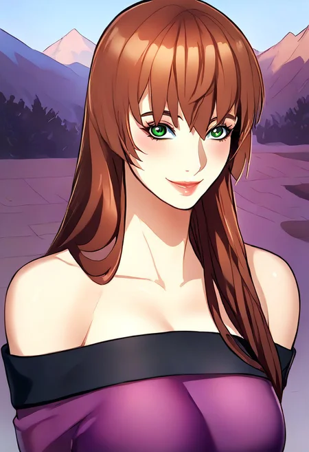 score_9, score_8_up, score_7_up, ASCII masterpiece, source_anime, BREAK, 1girl, solo, (( <lora:cho_yun-kyung:1> , cho_yun-kyung , normal waist, wide hips, beautiful skin, beautiful green eyes, clear eyes, bright pupils, beautiful eyes, beautiful brown hair, beautiful long hair, bangs, huge and shaggy breasts, natural beauty, extraordinary beautiful woman, attractive woman, super sexy woman, lustful body, sexy woman with seductive obscene body, sensual body, voluptuous body, sexy beauty, no piercings, no piercing, )) , makeup, ((beautiful off-shoulder sexy purple dress with black edge, huge cleavage, obscene cleavage, )) , shiny clothes, shiny skin, cowboy shot, from above, looking at viewer, hands behind back, (detailed face, detailed eyes), delicate features, seducative smile, cute and sexy, very detailed, high detailed texture, uncensored, rare view, outside, mountain, front view, closing up, leans forward,