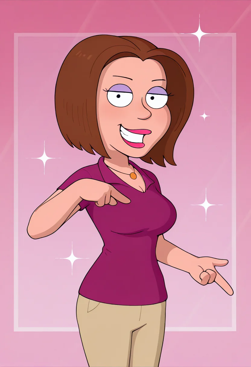 masterpiece, best quality, amazing quality, gr3tch3nm, 1girl, brown hair, necklace, purple polo shirt, beige pants, pointing down, looking at viewer, grin, cowboy shot, pink background, (colorful sparkles background, light rays:0.9),