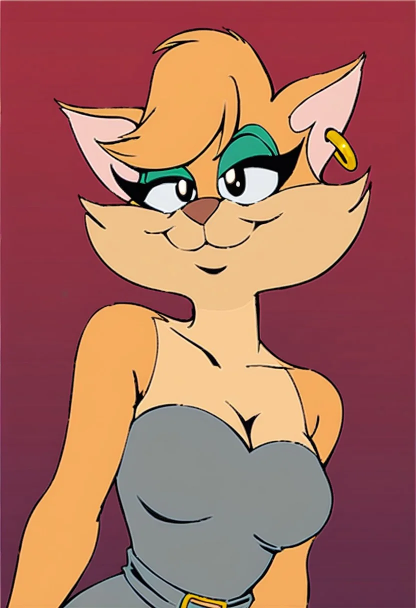 score_9, score_8_up, score_7_up, score_6_up, score_5_up, score_4_up, source_furry, Tabitha_Fantomcat, detailed eyes, detailed face, (retro artstyle, 1990s \(style\), flat color, toon \(style\)),1girl, solo, earrings, jewelry, hoop earrings, breasts, bare shoulders, black eyes, cleavage, strapless, medium breasts, dress, upper body, looking at viewer, smile, strapless dress, grey dress
<lora:tabitha-v1:1>