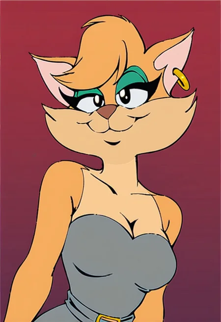 score_9, score_8_up, score_7_up, score_6_up, score_5_up, score_4_up, source_furry, Tabitha_Fantomcat, detailed eyes, detailed face, (retro artstyle, 1990s \(style\), flat color, toon \(style\)),1girl, solo, earrings, jewelry, hoop earrings, breasts, bare shoulders, black eyes, cleavage, strapless, medium breasts, dress, upper body, looking at viewer, smile, strapless dress, grey dress
<lora:tabitha-v1:1>