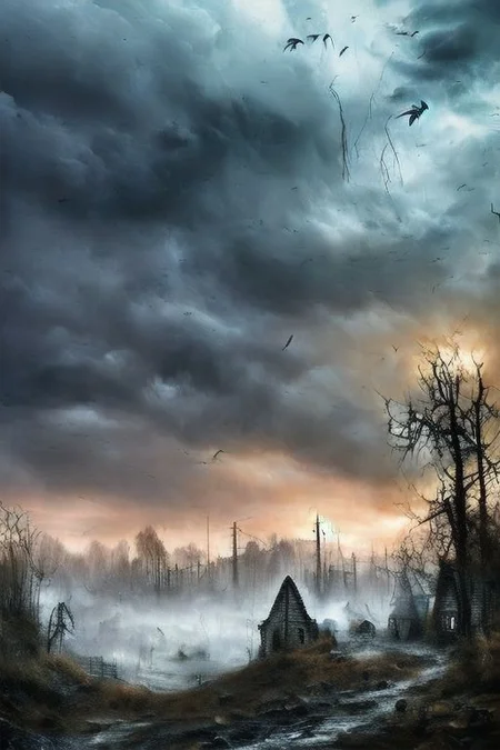 RAW photo, (masterpiece:1.3), subsurface scattering, heavy shadow, (high quality:1.4), (intricate, high detail:1.2), professional photography, HDR, High Dynamic Range, realistic, ultra realistic, photorealistic, high resolution, film photography, ambient lighting, atmospheric effects, <lora:detail_slider_v4:2>, OverallDetail, DarkFantasy,
a creepy ((village)) surrounded by trees, birds of prey, cloudy sky, thunder storm, fog, evilrealm, moon, no humans, outdoors, scenery, night, epiCPhoto
