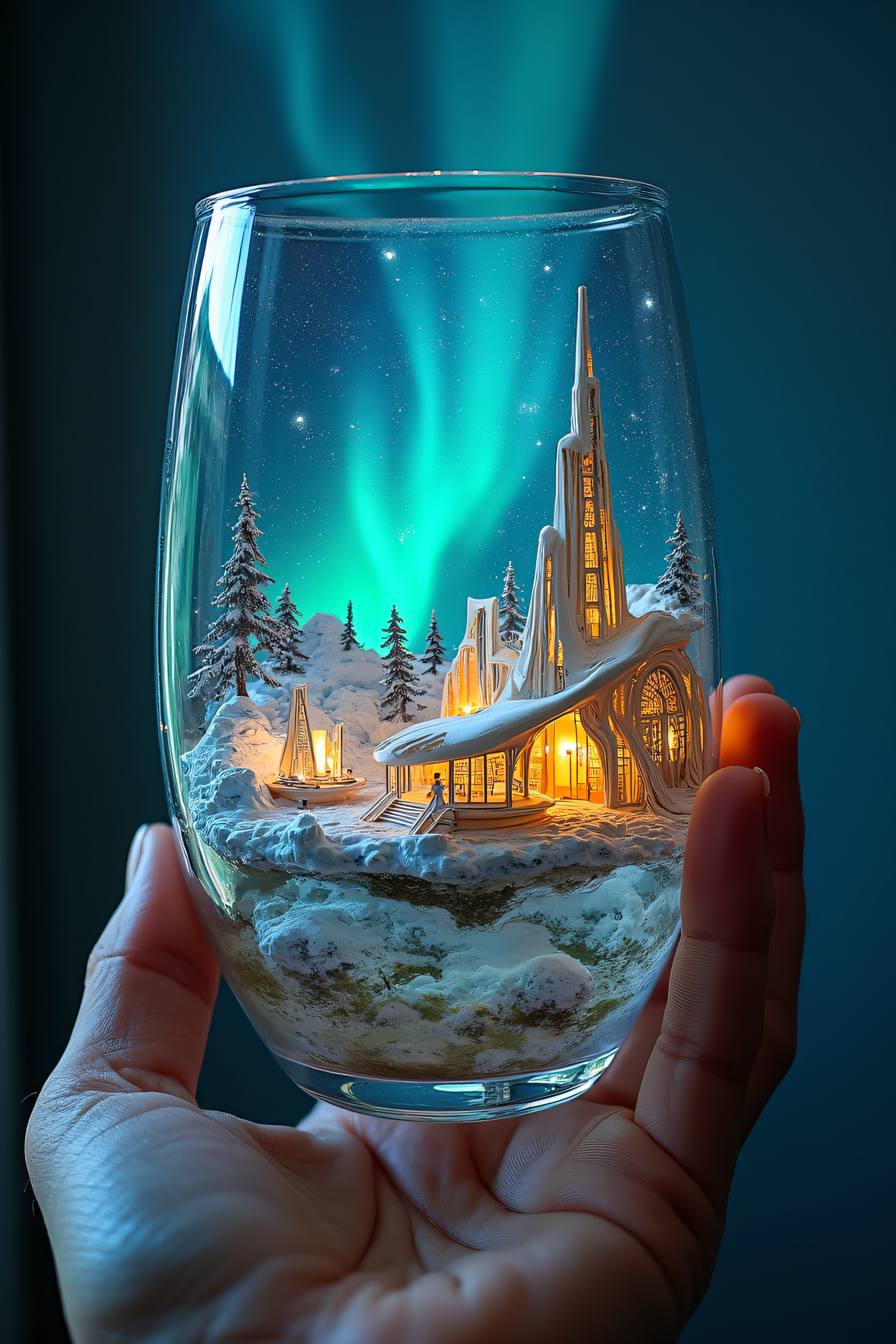 High-quality, 32k resolution, intricately detailed double exposure carving, epoxy glass diorama with hyper-detailed, surreal depiction of the aurora borealis and Northern lights. Futuristic buildings reminiscent of Zaha Hadid and Frank Gehry's designs are set within a landscape housed inside a cup. Ladder filigree, table, room, and net add a cinematic touch, alongside candles and the big-eyed style of Rockwell, Ryniac, Craola, Disney, and Van Gogh. The composition is highly detailed, intricate, and centered, with a focus on a perfectly posed girl hand and an HDR photo-detailed background