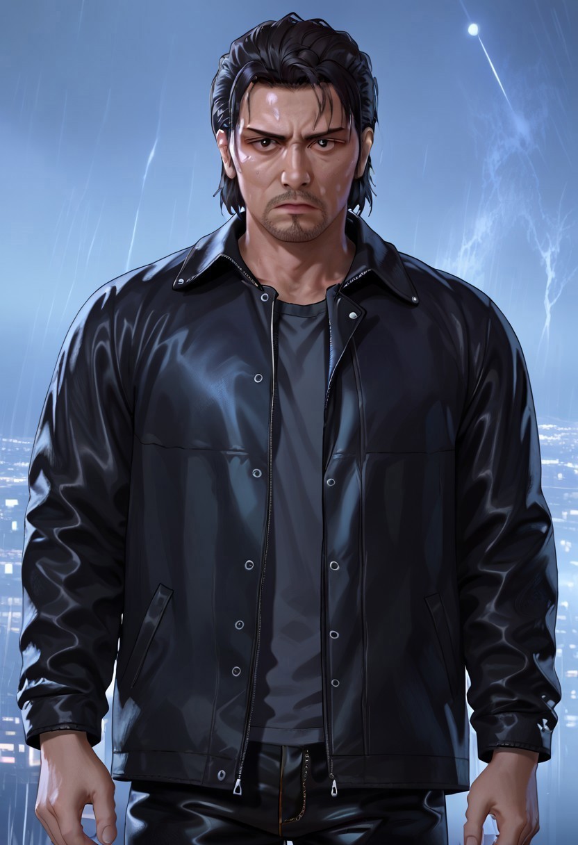 score_9, score_8_up, score_7_up, score_6_up, perfect anatomy, perfect proportions, best quality, masterpiece, high_resolution, high quality, aesthetic, absurdres, (male focus), solo male, adult, mature, masculine, manly, handsome, charming, alluring, cowboy shot,source_game \(Yakuza\), official style \(Yakuza\), Daigo Dojima \(Like a Dragon: Infinite Wealth\), LADIWDaigo, brown eyes, black hair, short hair, unkempt hair, bangs, facial hair, stubble, YKDaigo_outfit07, grey t-shirt, (black jacket, black leather jacket, open jacket, open clothes:1.4), dark denim pants, heroic, serious, look at viewer, symmetrical, feet out of frame, detail background, night, dark environment