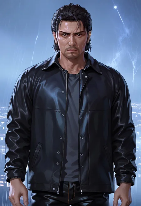 score_9, score_8_up, score_7_up, score_6_up, perfect anatomy, perfect proportions, best quality, masterpiece, high_resolution, high quality, aesthetic, absurdres, (male focus), solo male, adult, mature, masculine, manly, handsome, charming, alluring, cowboy shot,source_game \(Yakuza\), official style \(Yakuza\), Daigo Dojima \(Like a Dragon: Infinite Wealth\), LADIWDaigo, brown eyes, black hair, short hair, unkempt hair, bangs, facial hair, stubble, YKDaigo_outfit07, grey t-shirt, (black jacket, black leather jacket, open jacket, open clothes:1.4), dark denim pants, heroic, serious, look at viewer, symmetrical, feet out of frame, detail background, night, dark environment