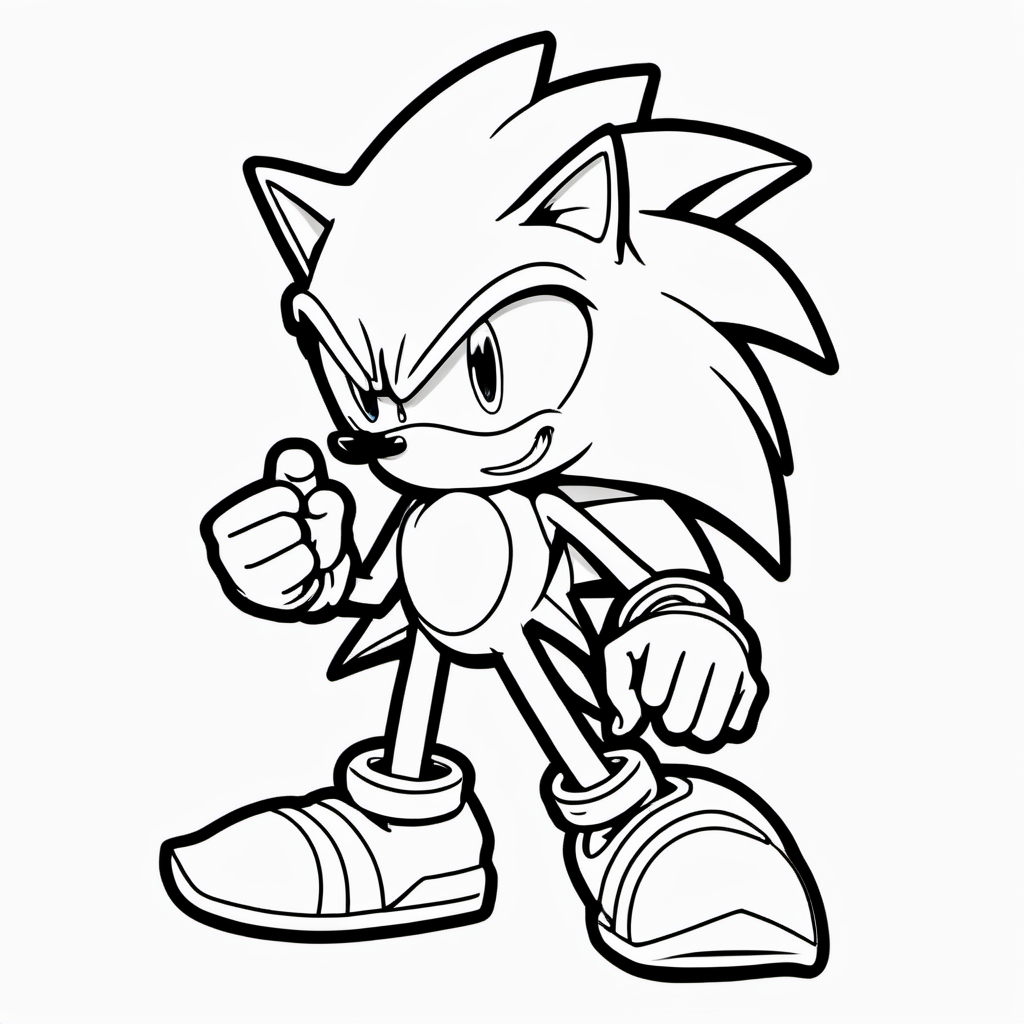 black and white, line art, coloring drawing of sonic<lora:Coloring_book_-_LineArt:0.6>, white background, thick outlines