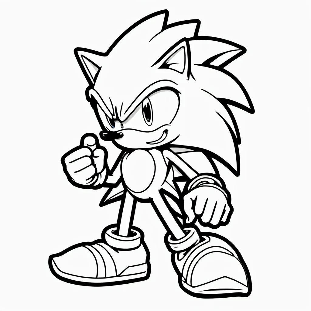 black and white, line art, coloring drawing of sonic<lora:Coloring_book_-_LineArt:0.6>, white background, thick outlines