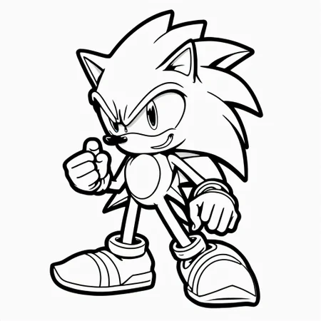 black and white, line art, coloring drawing of sonic<lora:Coloring_book_-_LineArt:0.6>, white background, thick outlines