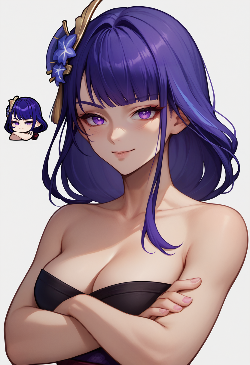 score_9, score_8_up, score_7_up, sticker, chibi, reference inset, <lora:GenshinImpactStickerRedraw_pdxl_Incrs_v1:1>, raiden shogun, white background, seductive smile, crossed arms,