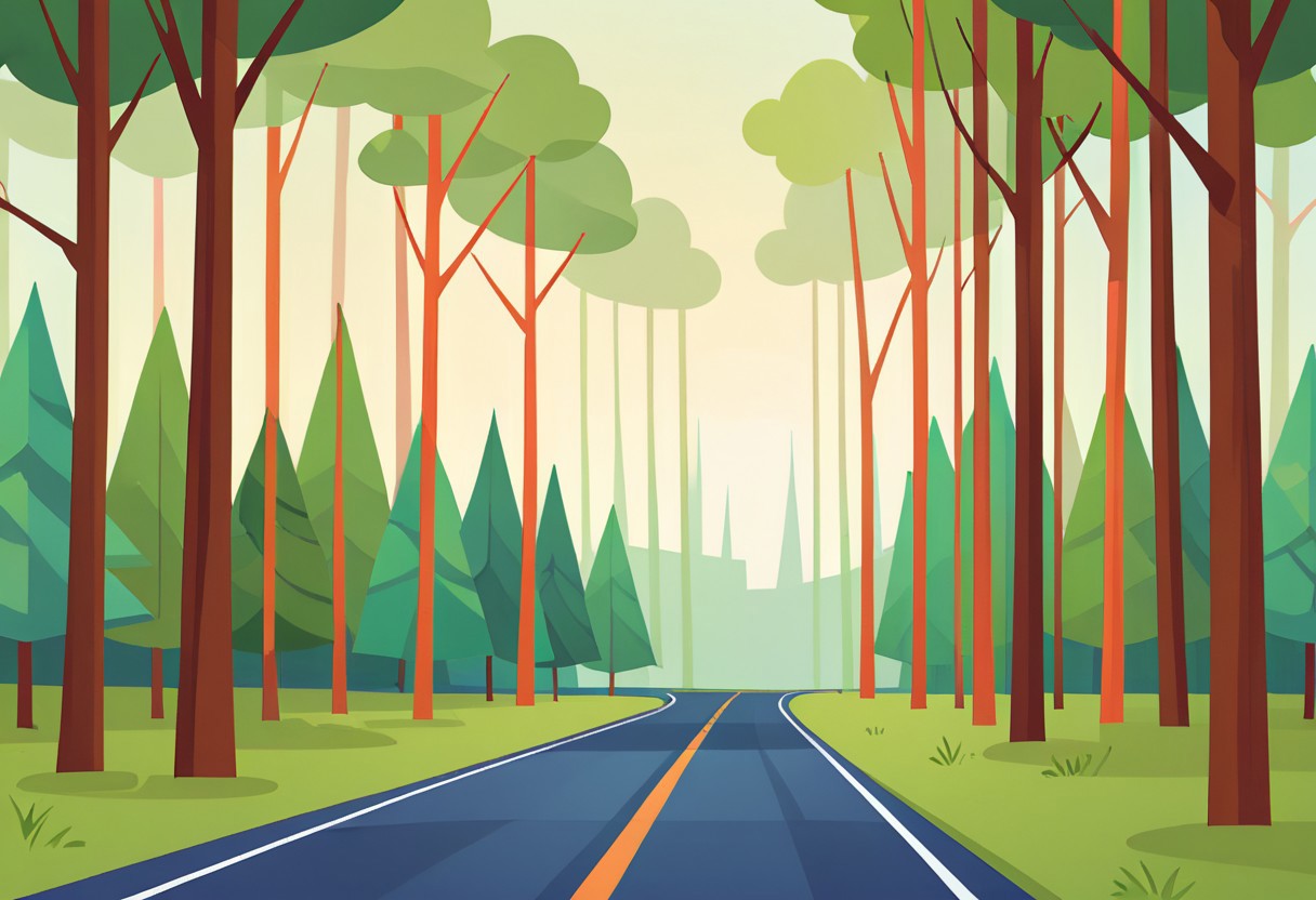 minimalistic, vector art, lean lines, illustration, graphic design, vector graphics, forest, road