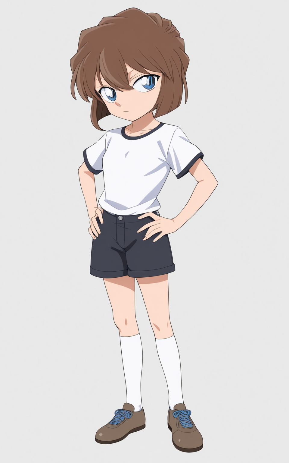 8k, best quality, masterpiece, (ultra-detailed), (high detailed skin), 
(full body:1.25), (white background:1.4), (simple background), standing, looking at viewer, (solo:1.2), hands on hips, 
<lora:hyai-a3-Tanger-000013:0.8>, hyai, qingshan art style, 1girl, brown hair, short hair, blue eyes, detailed eyes, white shirt, black shorts,white socks, shoes