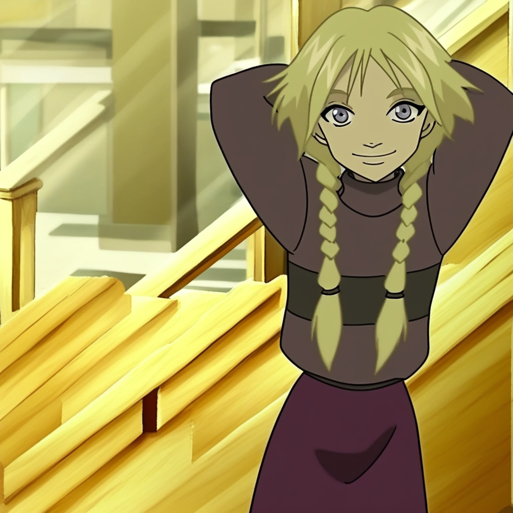 score_9, solo, elyon_b, 1girl, blonde hair, twin braids, grey eyes, sweater, turtleneck, skirt, school yard, hands behind head, smile, looking at viewer,