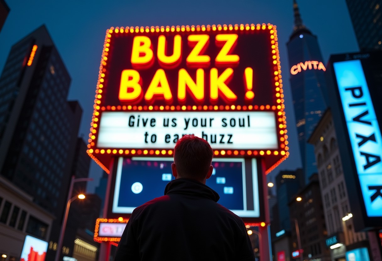 A picture of a man standing in front of a big and illuminated advertising sign,  sign is located in a metropolitan city, the sign has two sections, top section says in a big bold orange "BUZZ BANK !", bottom section says in small black font " give us your soul to earn buzz",  the sign background is made by small stylized lightings, in the background a skycraper with the CIVITAI logo