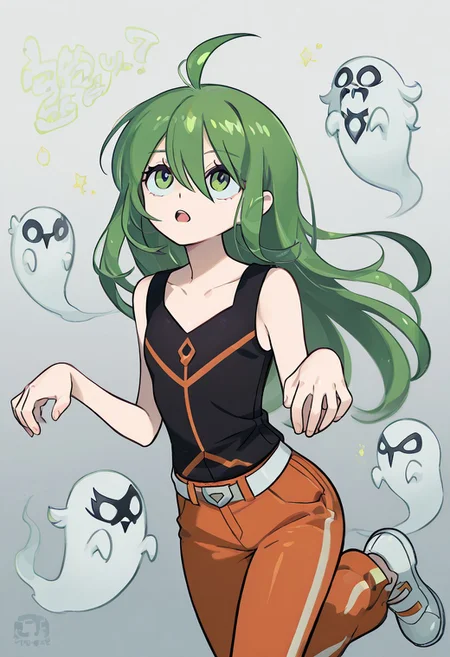 score_9, score_8_up, score_7_up, masterpiece, best quality, amazing quality, best aesthetic, ,absurdres,intricate details, aaron, green eyes, green hair, ahoge, black sleeveless shirt, orange pants, white with orange shoes, belt<lora:EMS-380018-EMS:1.000000><lora:ghost-pose-ponyxl-lora-nochekaiser:1>, ghost pose, ghost,open mouth, looking up,cowboy shot