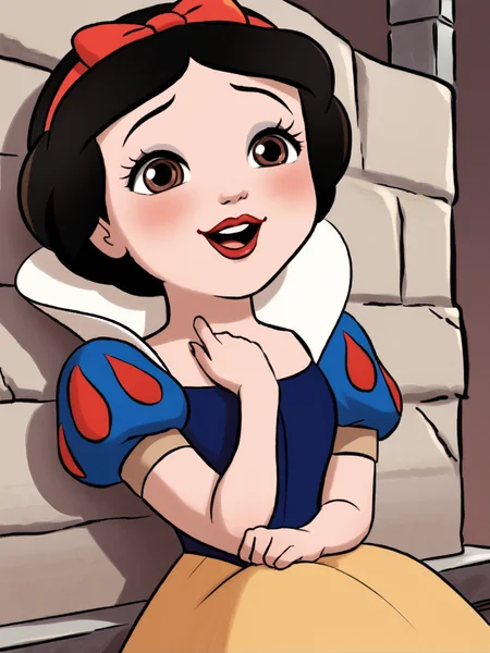 score_9, score_8_up, score_7_up, snowwhite, a cartoon of a woman sitting on a bench, 1girl, solo, blush, smile, short hair, open mouth, black hair, dress, hair bow, makeup, style parody,    <lora:princesscomic_pony_v1:0.95>