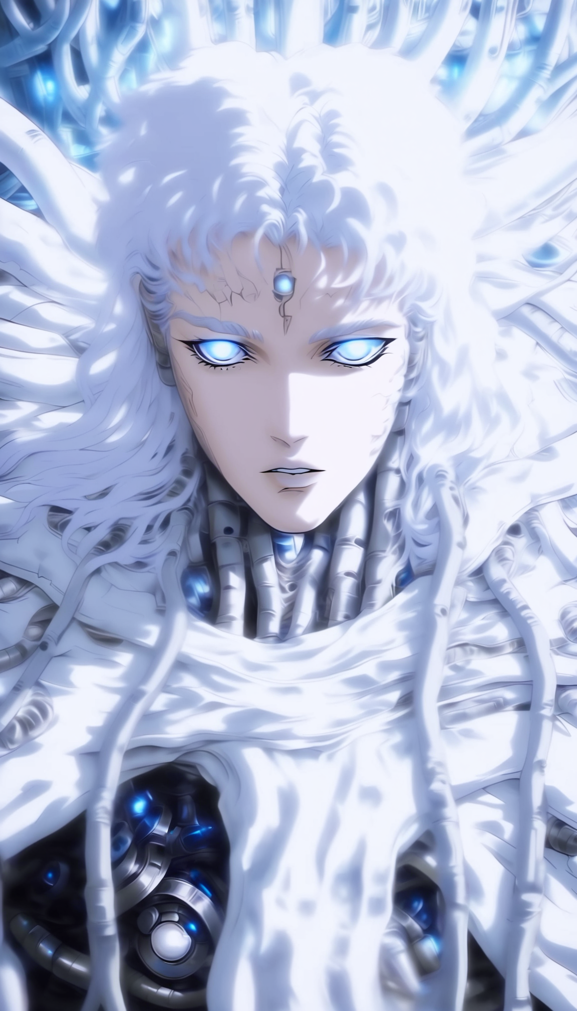 white hair, solo, blue eyes, looking at viewer, 1boy, male focus, white eyes, cable, parted lips, science fiction, long hair, glowing, mechanical parts, third eye, bangs, griffith, griffith_(berserk)