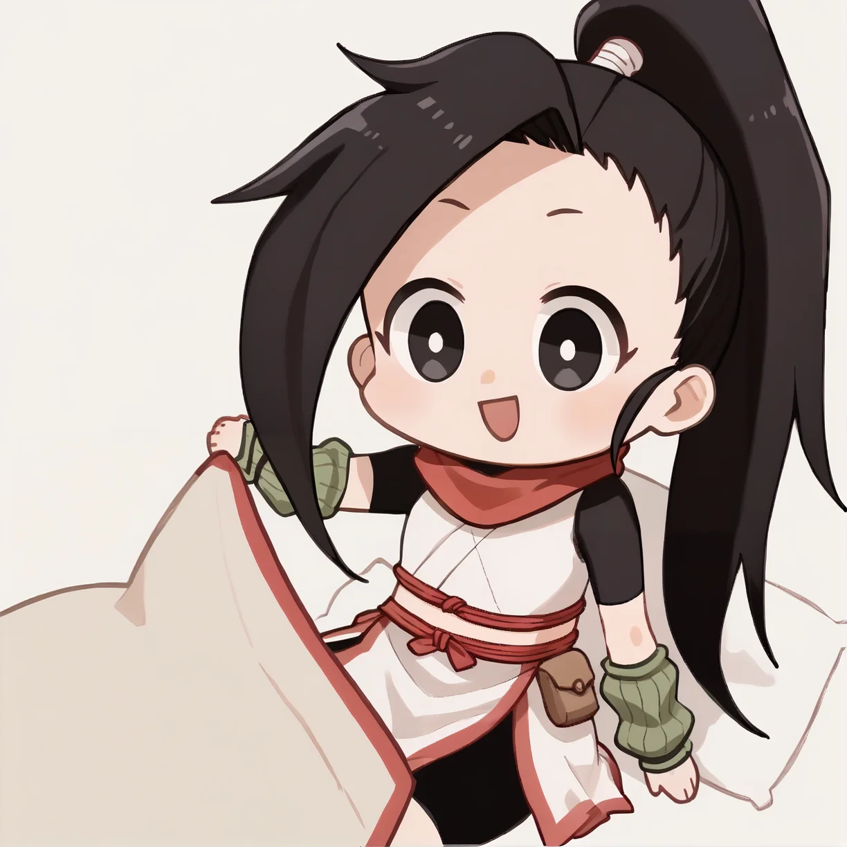 Seggs, chibi, open mouth, smile <lora:Seggs_XLPD:1.1> 1girl, very long hair, black hair, high ponytail, high ponytail, black eyes, red scarf, bike shorts, arm warmers, white crop top, crop top, white pelvic curtain, pelvic curtain <lora:tsubaki_kunoichi:1>, score_9, score_8_up, score_7_up, score_6_up, score_5_up, score_4_up, BREAK source_anime, masterpiece