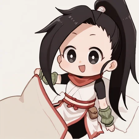 Seggs, chibi, open mouth, smile <lora:Seggs_XLPD:1.1> 1girl, very long hair, black hair, high ponytail, high ponytail, black eyes, red scarf, bike shorts, arm warmers, white crop top, crop top, white pelvic curtain, pelvic curtain <lora:tsubaki_kunoichi:1>, score_9, score_8_up, score_7_up, score_6_up, score_5_up, score_4_up, BREAK source_anime, masterpiece
