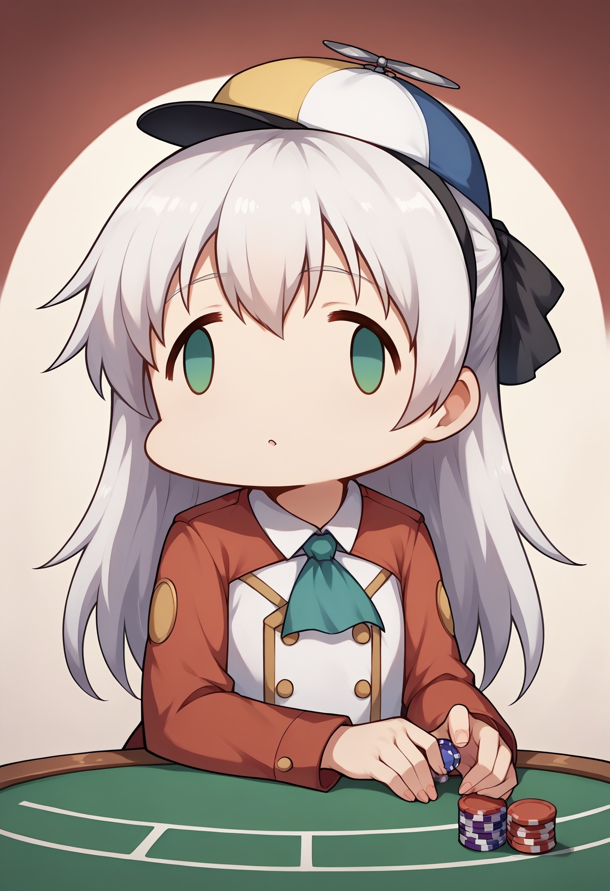score_9, score_8_up,score_7_up,score_6_up, source_anime,  
BREAK
casino,poker chip, poker table, 
BREAK
fx-face, face_of_the_people_who_sank_all_their_money_into_the_fx_(meme), NSHappyCap, wearing NSHappyCap, cap,zeroElie, black hairband, hair ribbon, long hair, ascot, uniform, long red sleeves, white dress, pencil skirt, belt, black pantyhose, upper body,
<lora:sdxl-fxface-pony:0.75>  
<lora:NSHappyCap:1>  
<lora:elie-pdxl-nvwls-v1:0.8>
