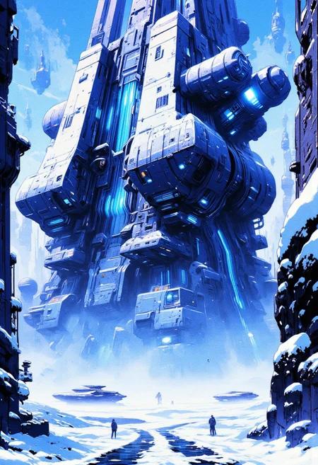 Inkpunk Anime, in the style of ck-sfc, abstract anime image, clean lines, a colossal sci-fi fortress in the snow, surrounded by armoured walls with armoured gun emplacements and rocket launchers, situated at a crossroads in an icy landscape, during a blizzard, snow falling heavily, great lighting, blue and white theme