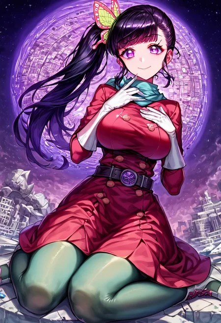 gorgeous lips, cinematic, (masterpiece), (best quality), (ultra-detailed), very aesthetic, perfect composition, intricate details, absurdres, detailed face, (anime, masterpiece, intricate:1.3), (best quality, hires textures, high detail:1.2), score_9, score_8_up, score_7_up, source_anime, 1girl, kanao tsuyuri, black hair, pink highlights, butterfly, butterfly hair ornament, purple eyes, long hair, side ponytail, ponytail, eyelashes, hair ornament, scarf, dress, red dress, long sleeves, buttons, gloves, white gloves, belt, pantyhose, green pantyhose, laced heels, white footwear, skirt, flower patterns, alternate_costume, enormous breasts, facial expression, kind, soft eyes, head tilt, slightly smiling, closed mouth, hand on breasts, goddess, planet size, giantess, growing even bigger, small planet, sitting on the floor, floating object, gradient eyes, beautiful detailed eyes, cityscape background, city, building, skyscrapers, surrounded by tall skyscrapers, holding planet, (masterpiece:1.4), (best quality:1.4), (ultra-detailed:1.2), gl0w, glow,