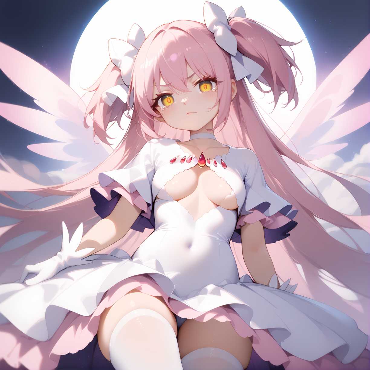 (score_9,score_8_up,score_7_up) BREAK uncensored BREAK 1girl,solo,(medium breasts:1.4),
disgust,scowl,closed mouth,tears,
BREAK
BREAK
BREAK (Embrace the planet:1.6),
BREAK
BREAK
BREAK
BREAK Feather wings,
BREAK <lora:madoka_god:1>,
(ultimate madoka,kaname madoka,long hair,pink hair,very long hair,bangs,hair between eyes,two side up,white bow,yellow eyes),(choker,white choker,gloves,white gloves,underboob,underwear,clothing cutout,cleavage cutout,covered navel,wide sleeves,frills,dress,white dress,frilled dress),(thighhighs,white thighhighs),universe,
