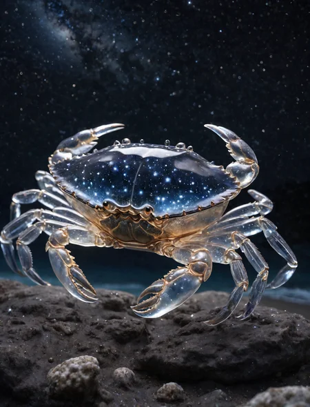 a crystal sculpture of a translucent crab, with a starry sky body, night sky, ocean, constellation,  shine bright, realistic textures, depth of field,  ultra-high definition, very dark background, photorealistic, highly detailed, natural lighting, sharp focus, cinematic, hyperrealism
 <lora:extremely_detailed:1> extremely detailed