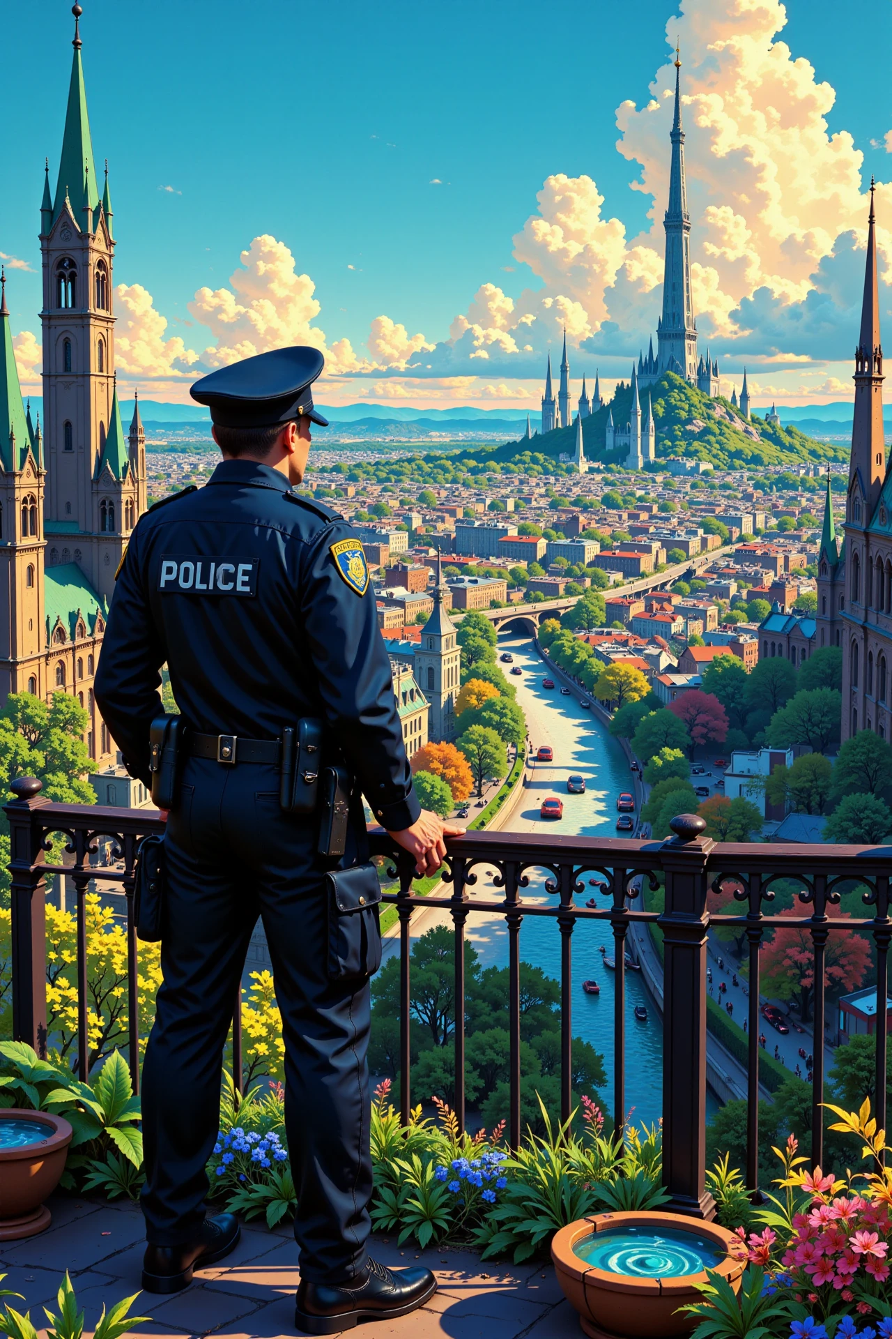 A police force watching over the city beautiful  landscape, day, woman, very intricate, very detailed, sharp, bright, colorful, <lora:Hand v2:0.5> <lora:Anti-Blur:1><lora:Insane Detail Slider:0.25>  <lora:flux.1_lora_flyway_Epic-detail_v2:0.3> <lora:fluxenhancer:0.25>  <lora:ROWER:0.6>