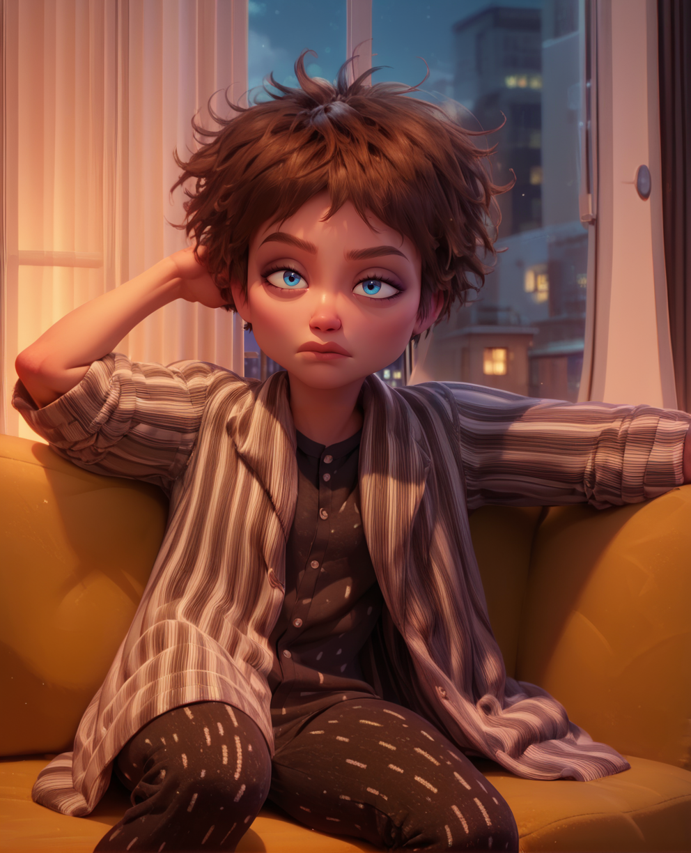 score_9,score_8_up,score_7_up,score_6_up,
Evelynxl,short brown hair,blue eyes,messy hair,
black  striped coat,black pajamas, pants,lounging,
window,night,indoors,couch,
<lora:EvelynXL:1>,