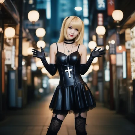 cinematic photo Misa1024, a full body blond woman dressed in black, gloves, stocking, cross necklace, in japan <lora:Misa1024:0.8> . 35mm photograph, film, bokeh, professional, 4k, highly detailed