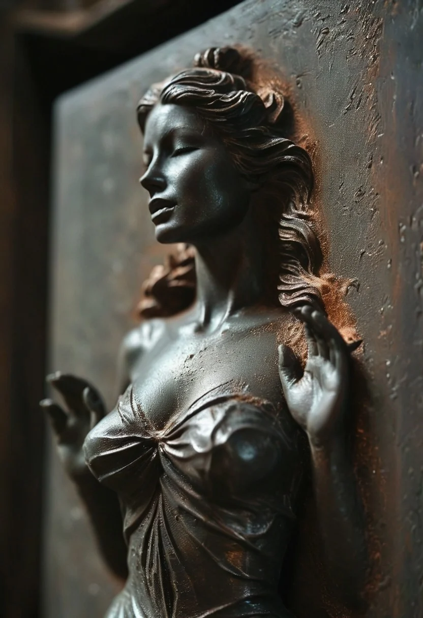 dim light, low light, dramatic light, partially covered in shadow, floating dust particles, visible dust in light rays, vintage dusty atmosphere, cinematic quality, front closeup, buxom witch frozen in metallic weathered carbonite similar to copper with its weathered patina, cleavage, nipples, polished in some places through frequent contact, deep Blacks, very detailed, atmospheric haze, Film grain, cinematic film still, shallow depth of field, highly detailed, high budget, cinemascope, moody, epic