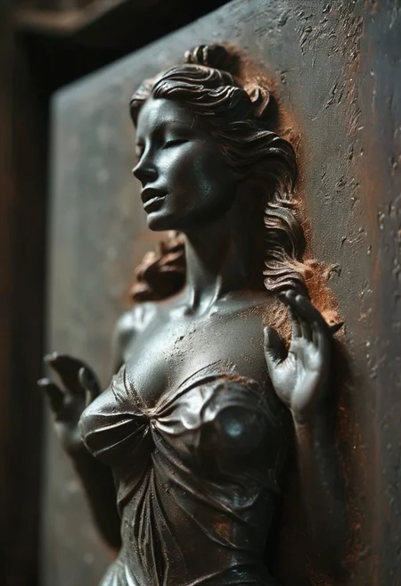 dim light, low light, dramatic light, partially covered in shadow, floating dust particles, visible dust in light rays, vintage dusty atmosphere, cinematic quality, front closeup, buxom witch frozen in metallic weathered carbonite similar to copper with its weathered patina, cleavage, nipples, polished in some places through frequent contact, deep Blacks, very detailed, atmospheric haze, Film grain, cinematic film still, shallow depth of field, highly detailed, high budget, cinemascope, moody, epic
