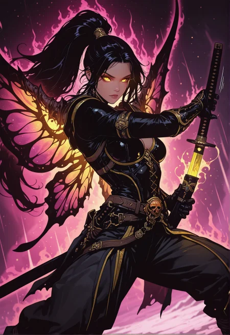 <lora:ck-nc-cyberpunk-IL-000011:0.3>, masterpiece, best quality, good quality, very aesthetic, absurdres, newest, 8K, depth of field, focused subject,
fighting stance, standing, holding katana, flaming katana, cross_draw,  sword_draw, iaido, one_hand_on_sheath, unsheathing, rogue, 1girl, solo, (huntress:0.7), diablo3, otherworldly yellow glowing eyes, expressive eyes, pink cosmic nebula galaxy (butterfly:0.3) wings, looking at viewer, sleek black glowing hair, long hair, sleek ponytail, graceful, motion lines,
whimsical, aura, motion lines, dynamic angle,
in the style of cksc,
<lora:MoriiMee_Gothic_Niji_Style_Illustrious_r1:0.45>
<lora:ck-shadow-circuit-IL:0.88>