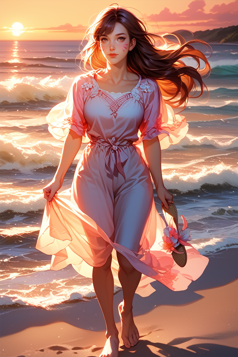 score_9, score_8_up, score_7_up
<lora:ODVA:1.0>
ODVA, 1girl, brown hair, brown eyes, whisker markings, long hair, walking barefoot on a sandy beach, holding sandals in one hand, waves gently lapping at the shore, vibrant sunset with pink and orange hues, relaxed and contemplative atmosphere