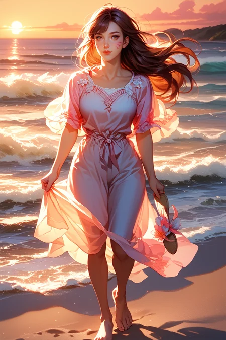 score_9, score_8_up, score_7_up
<lora:ODVA:1.0>
ODVA, 1girl, brown hair, brown eyes, whisker markings, long hair, walking barefoot on a sandy beach, holding sandals in one hand, waves gently lapping at the shore, vibrant sunset with pink and orange hues, relaxed and contemplative atmosphere