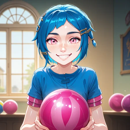 Powder, 1girl, smile, solo, shiny, shiny hair, bangs, freckles, window, indoors, ball, looking at viewer, hair ornament, holding, pink eyes, short sleeves, shirt, short hair, holding ball, blue hair, teeth, grin, blurry background, blurry, upper body, hairclip, blue shirt,