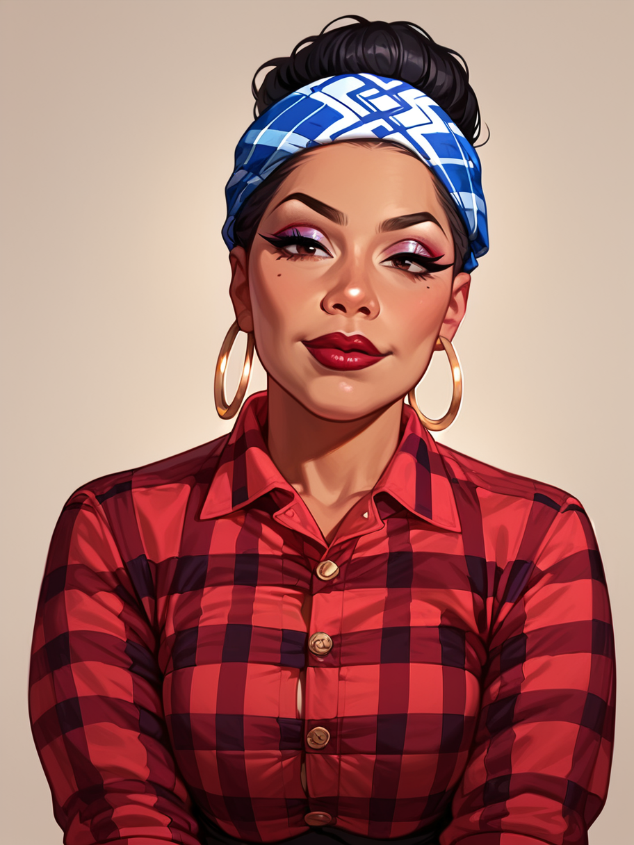 score_9, score_8_up, score_7_up, rating_questionable, zPDXL, 2d source_cartoon, (adult:1.2), facing the viewer, smug, horny, solo 1girl
<lora:Expressive_H:1>
<lora:Chicana:.75> chicana, black hair, hoop earrings, makeup, pompador, lipstick, lip liner, flannel shirt, bandana, dark skinned femaleâââ